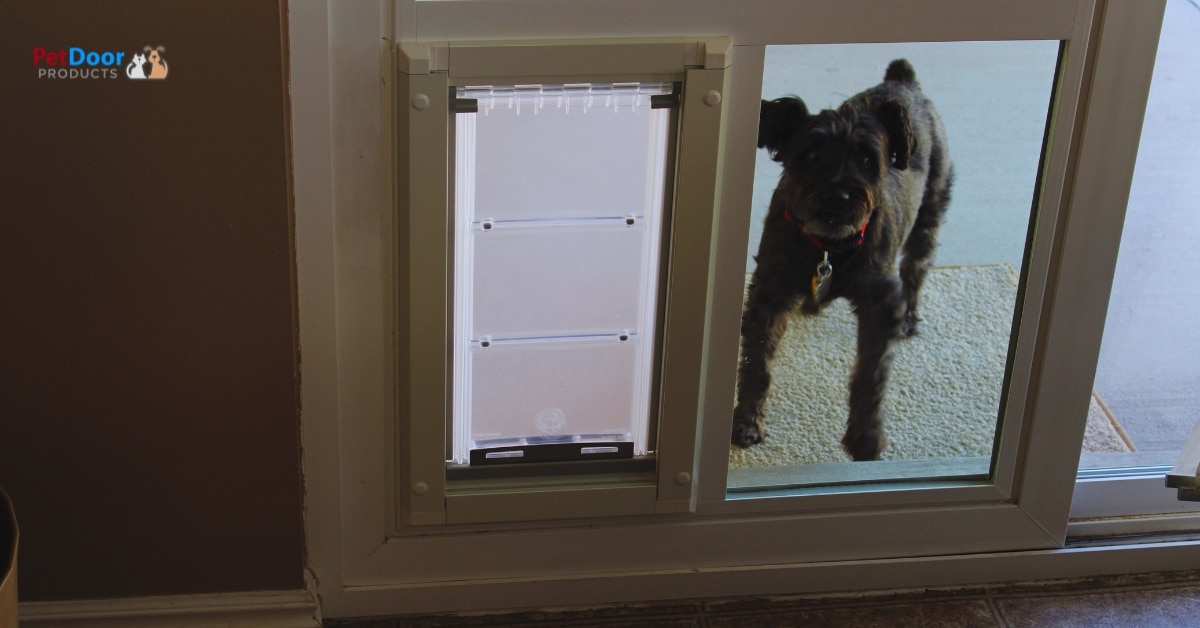 Energy-efficient sliding glass dog door installed in a Utah home during winter