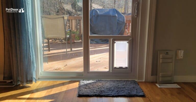 Dog using a built-in pet door in a sliding glass door of a modern home.