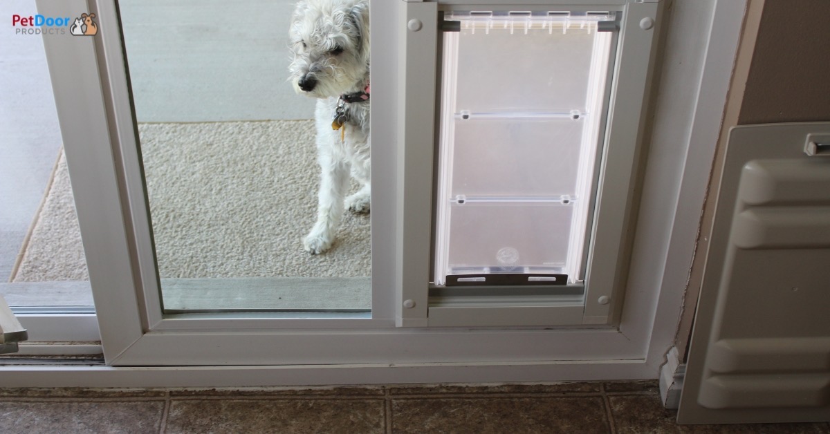 Sliding glass door doggy door installed in a vinyl patio door