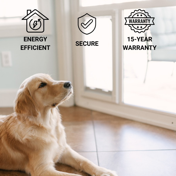Pet owner with dog beside secure and weather-tight sliding door insert