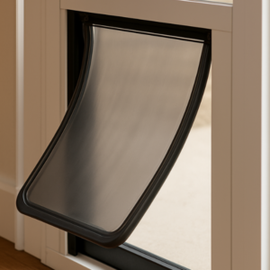 Built-in magnetic flap swinging shut in dog door insert