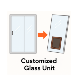 Customized glass panel with built-in dog door being installed
