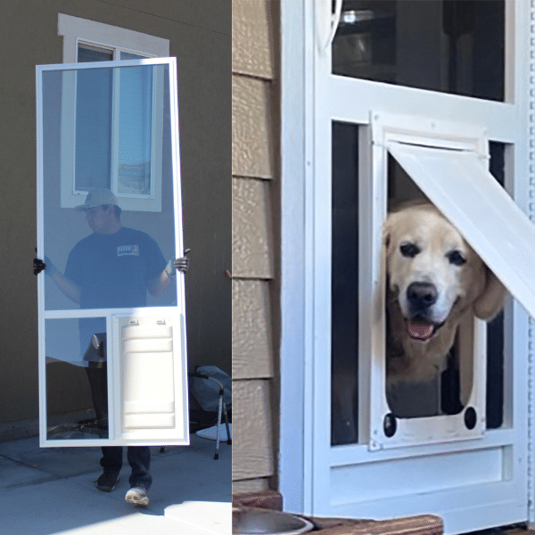 Energy-efficient magnetic pet door flap with locking security panel.