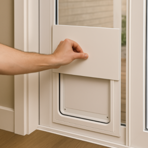 Lockable security panel in use on dog door insert
