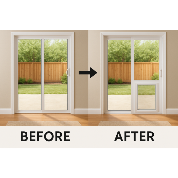 Comparison between standard sliding glass door and one with dog door insert installed